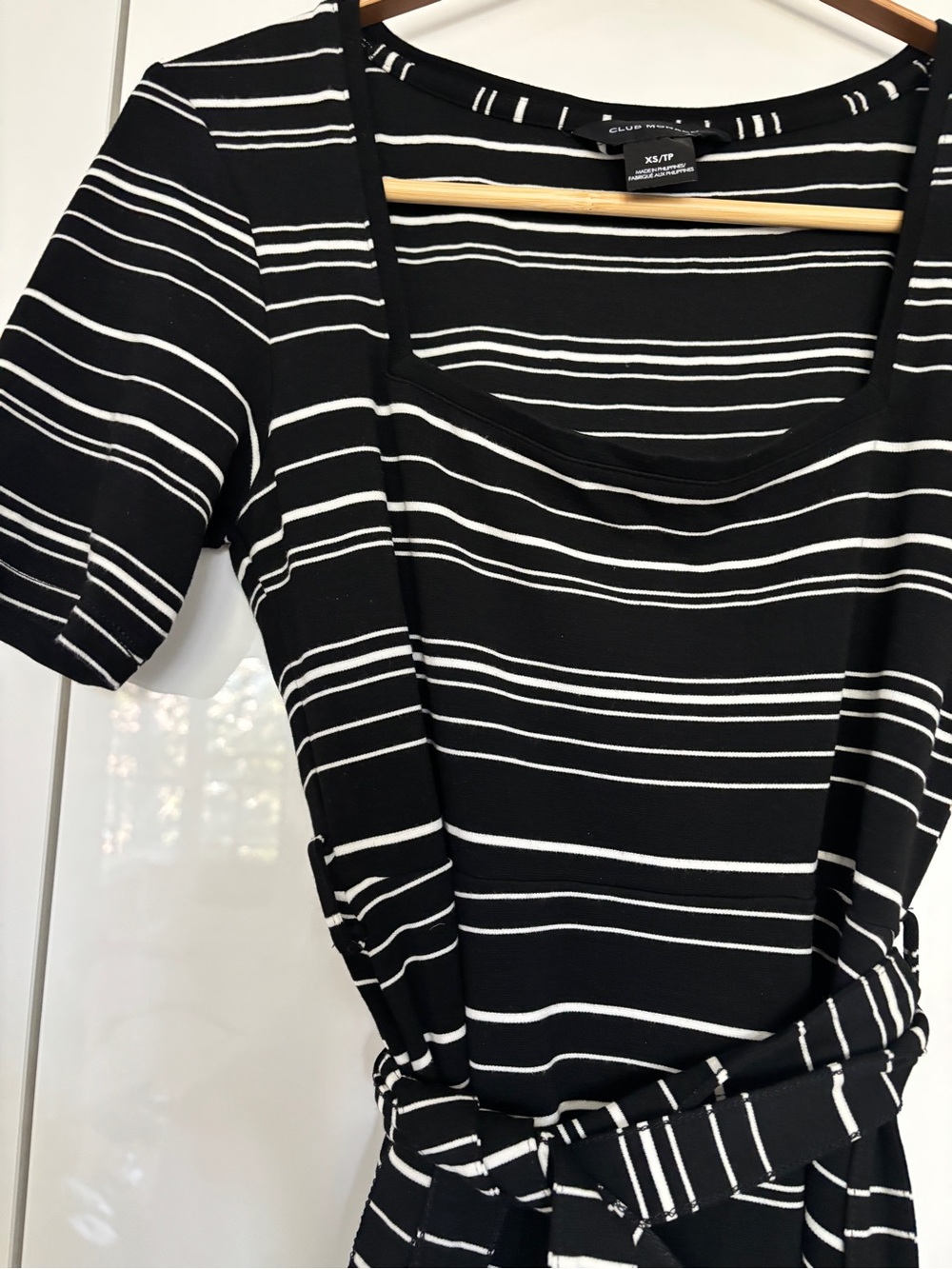 Club Monaco Black and White Striped Tie-Waist Dress